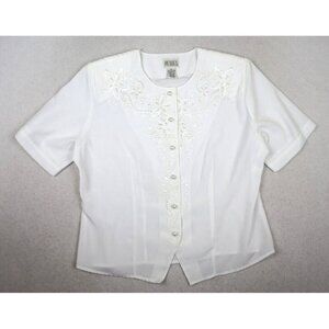 Just for Petites Women's Top Size 8P Embroidered Sheer White Short Sleeve Blouse